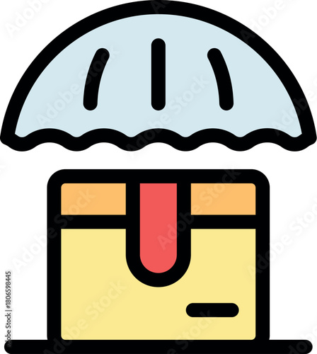 Cardboard box is attached to a parachute and slowly descending, representing safe and fast delivery method