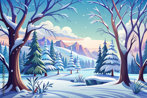 Snow-covered trees create a peaceful winter landscape with frozen branches, peaceful nature scenery, calm seasonal atmosphere and beautiful cold weather environment, perfect for holiday, background or