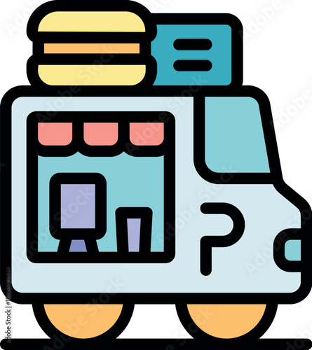 Food truck selling burgers and drinks icon in filled outline style, perfect for web and mobile design projects