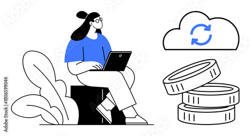 Woman seated using laptop, cloud with sync icon, and coin stack. Ideal for technology, finance, cloud computing, digital currency, investment remote work data sharing. Simple flat metaphor