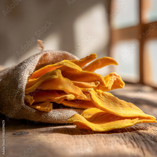 A closeup of dried mango slices spilling out of a burlap sack onto a rustic wooden surface, bathed in warm sunlight near a window, creating a cozy scene