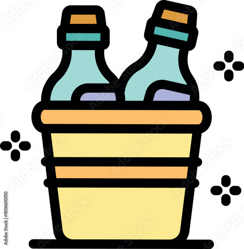 Two bottles cooling in a wooden bucket with decorative accents