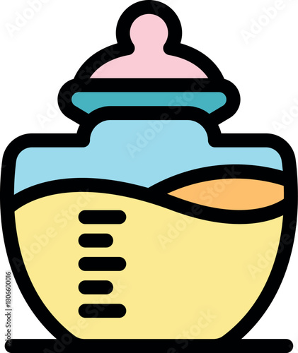 Baby bottle with nipple, containing milk or infant formula, featuring measurement lines for precise feeding