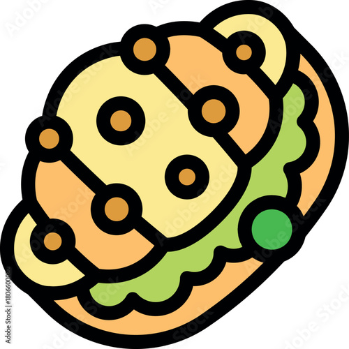 Cartoon style round sandwich featuring sesame seeds and a vibrant green sauce, ideal for food blogs, menus, or culinary projects