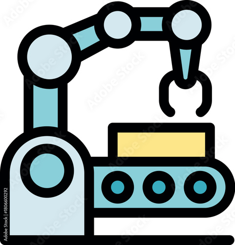 Robotic arm lifting block on a conveyor belt, representing automation in a factory setting