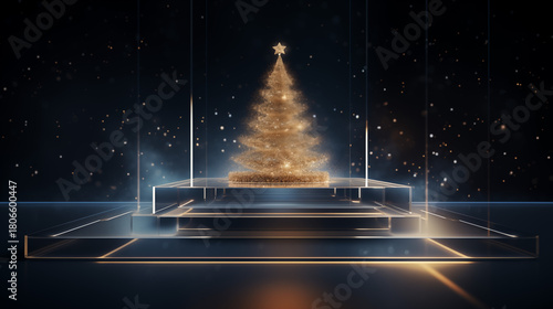 Golden Sparkling Christmas Tree on Elegant Glass Podium with Dark Bokeh Background. Festive Holiday Celebration Scene for Awards or New Year.