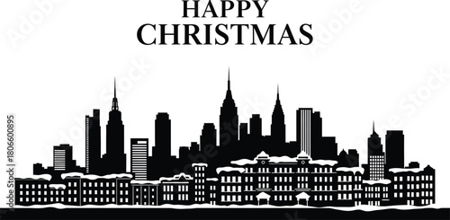 Happy christmas city skyline with festive lights and buildings isolated on white background