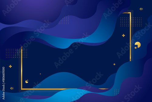 Abstract blue wave background with golden frame elegant vector design for presentation banner or pos
