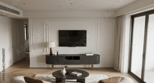 A modern classic living room interior design with white tv cabinet