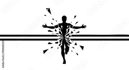 Runner breaking finish line vector silhouette. Victory, breakthrough, and success concept illustration.