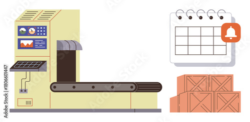 Conveyor system with control panel, stacked shipping boxes, calendar with notification. Ideal for manufacturing, productivity, planning, distribution, logistics, warehousing process management