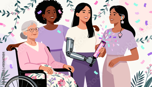 Diverse women celebrating with confetti and a robot arm in a garden  