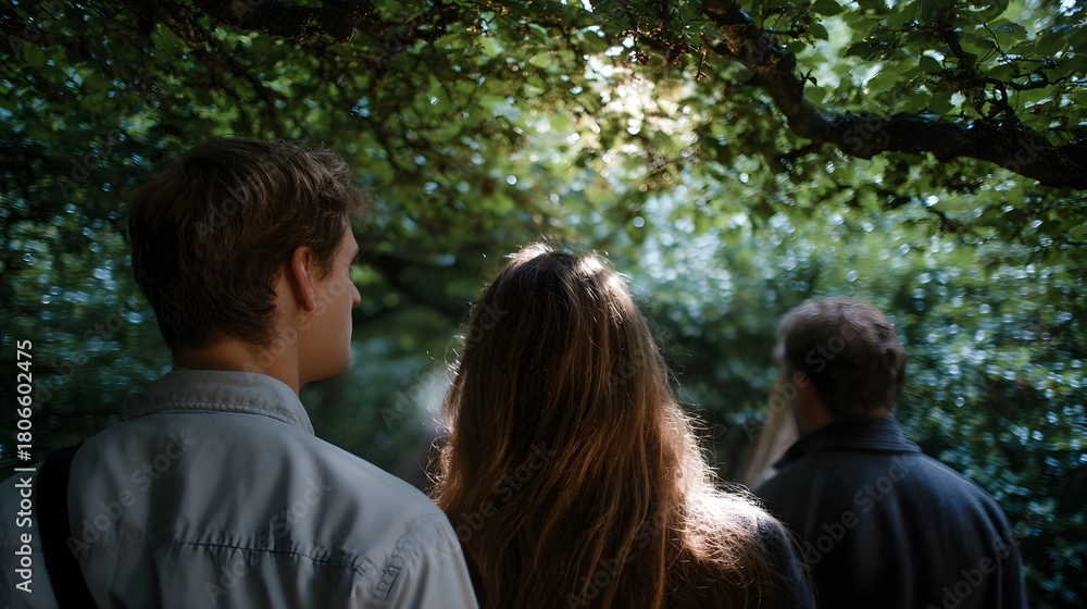 Fototapeta premium Three individuals walk from behind through a sun d d forest path surrounded by lush green trees and foliage