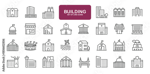 Set of line icons related to building. Outline icons collection