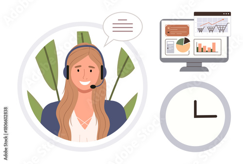 Customer support agent wearing a headset with speech bubble, analytics on a computer screen, and clock. Ideal for teamwork, time management, customer service, communication, productivity, online