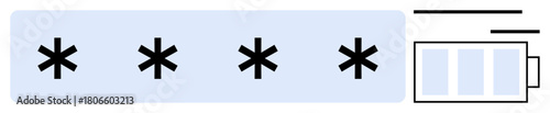Four asterisks in a password field beside a login input box. Ideal for cybersecurity, encryption, data protection, login authentication, privacy, secure access, password strength. Clean simple flat