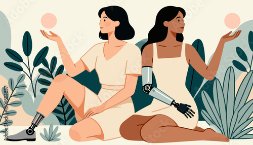 Two women with prosthetic limbs sitting among green plants