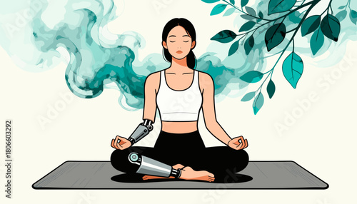 Young woman meditating on yoga mat with a prosthetic arm indoors  