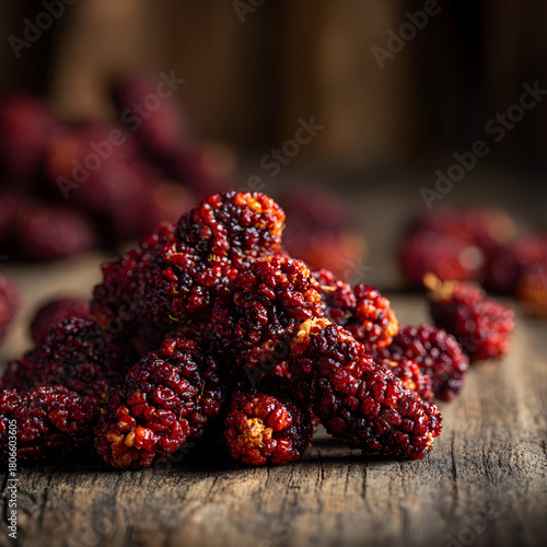 A closeup shot showcases a pile of vibrant, ripe mulberries, their deep red hues contrasting beautifully against the rustic wooden surface beneath them