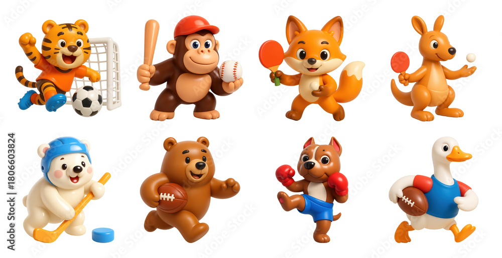 Naklejka premium PNG Cute animals playing various sports, element set on transparent background