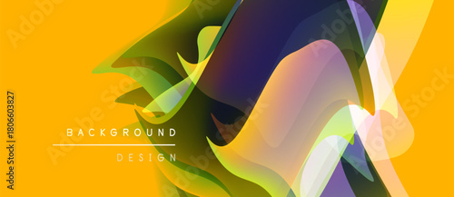 Abstract vibrant background. Overlapping shapes create dynamic visual effect. Yellow, purple, green hues dominate composition. Modern design element.