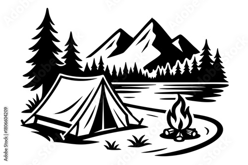 a tent set near a lake with mountains in the background