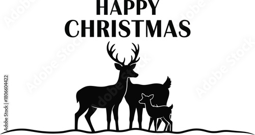 Happy christmas card with deer family silhouette and festive message on white background