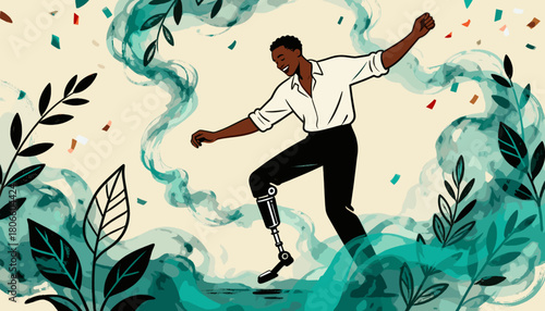 Young black man dancing with a prosthetic leg surrounded by foliage  