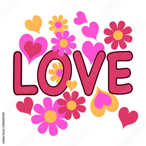 Love word with colorful heart and flower shapes in pink, red, and orange, creating cheerful and romantic design perfect for expressing affection and happiness