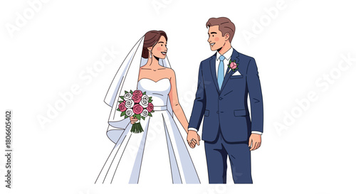 Newlyweds Couple Holding Hands and Smiling, A Bride in a White Gown and Veil, and a Groom in a Blue Suit