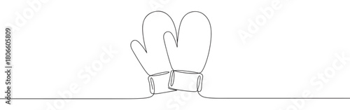 A continuous one-line drawing of two mittens, symbolizing cold weather, warmth, and winter accessories