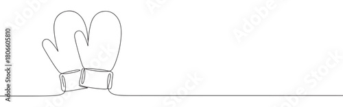 A continuous one-line drawing of two mittens, symbolizing cold weather, warmth, and winter accessories