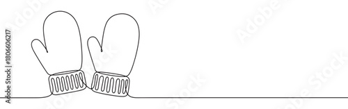A continuous one-line drawing of two mittens, symbolizing cold weather, warmth, and winter accessories