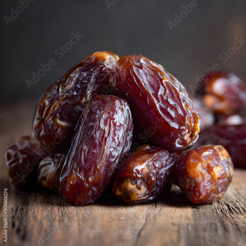 A closeup shot showcases a pile of succulent, dark brown dates, their wrinkled skin glistening with a natural sheen, resting on a rustic wooden surface