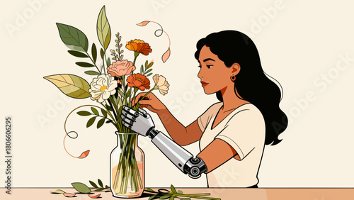 Woman with prosthetic arm arranging flowers in a vase indoors  
