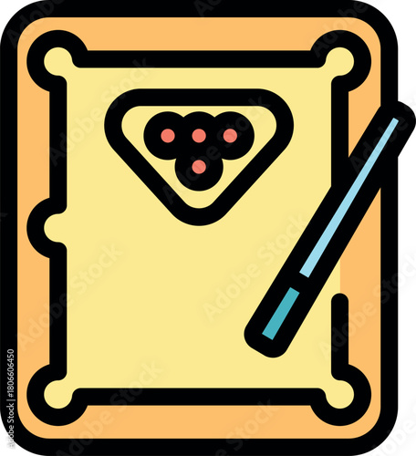 Billiard table with cue and balls ready for playing billiards, top view of the game