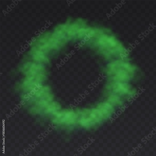 Green Ring Smoke Cloud on dark transparent background. Fog circle frame