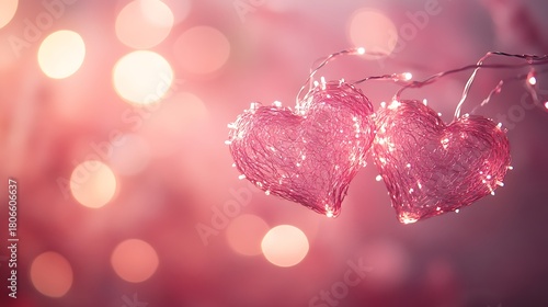 Two pink heart shaped decorations with fairy lights on a blurred pink background for valentines day