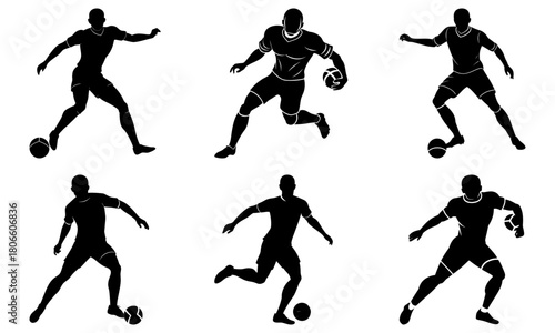 Dynamic soccer players in action poses, perfect for sports designs, team logos, and athletic promotions, showcasing skill, energy, and competitive spirit