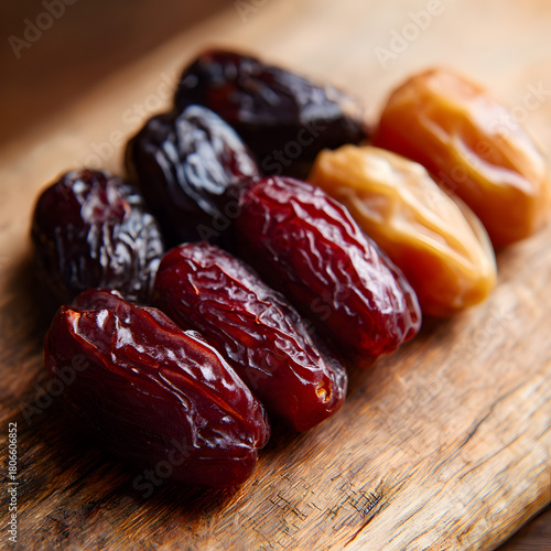 A closeup shot showcases a row of succulent dates, varying in color from deep brown to golden amber, arranged on a rustic wooden surface with warm lighting
