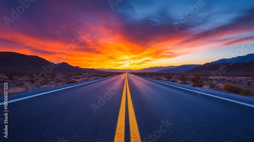 Fototapeta Naklejka Na Ścianę i Meble -  A long asphalt road stretching into the distance under a vibrant sunset sky and mountain landscape