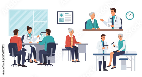 Medical consultation and examination scenes in a clinic with doctors and patients