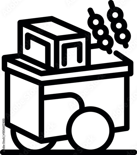 Mobile food cart selling delicious skewers, featuring a box, canopy, and wheels for easy transport