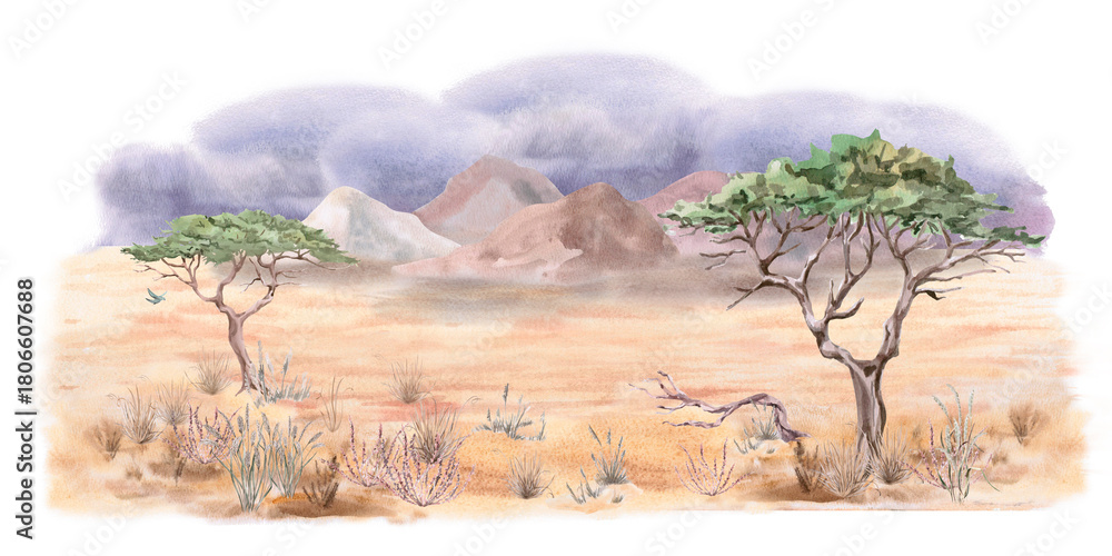 Fototapeta premium An African steppe landscape with dry grasses and mountains on the horizon. Isolated watercolor illustration for interior design, eco-projects, travel agencies, and company branding.