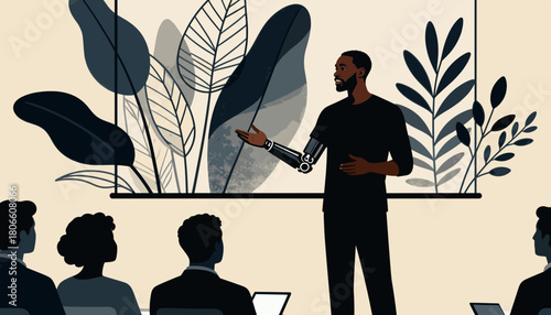 Male speaker presenting with robotic arm in front of audience and plants  