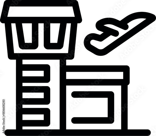 Minimalist vector illustration featuring an airplane taking off above an airport control tower, symbolizing air travel, departure, and aviation