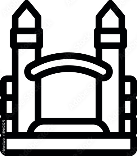 Inflatable bouncy castle featuring tall towers and an arch, providing entertainment for children