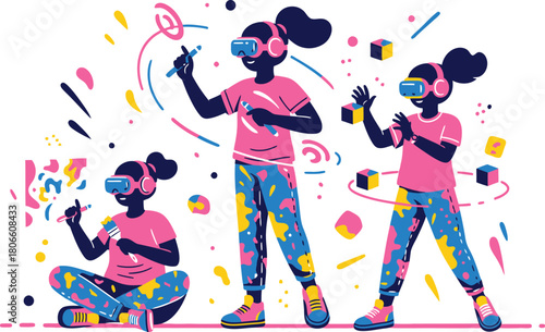 Virtual Reality Digital Artist Poses Set Vector Art