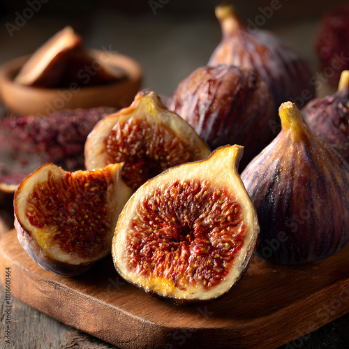 A closeup shot showcases a wooden board adorned with fresh figs, some sliced open to reveal their vibrant, seedy interiors, alongside whole figs with deep purple skin