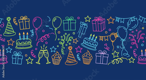 Seamless Doodle Birthday Party Border Pattern Vector: Festive Hand-Drawn Streamers, Gifts, Cakes, and Confetti on Dark Blue Background